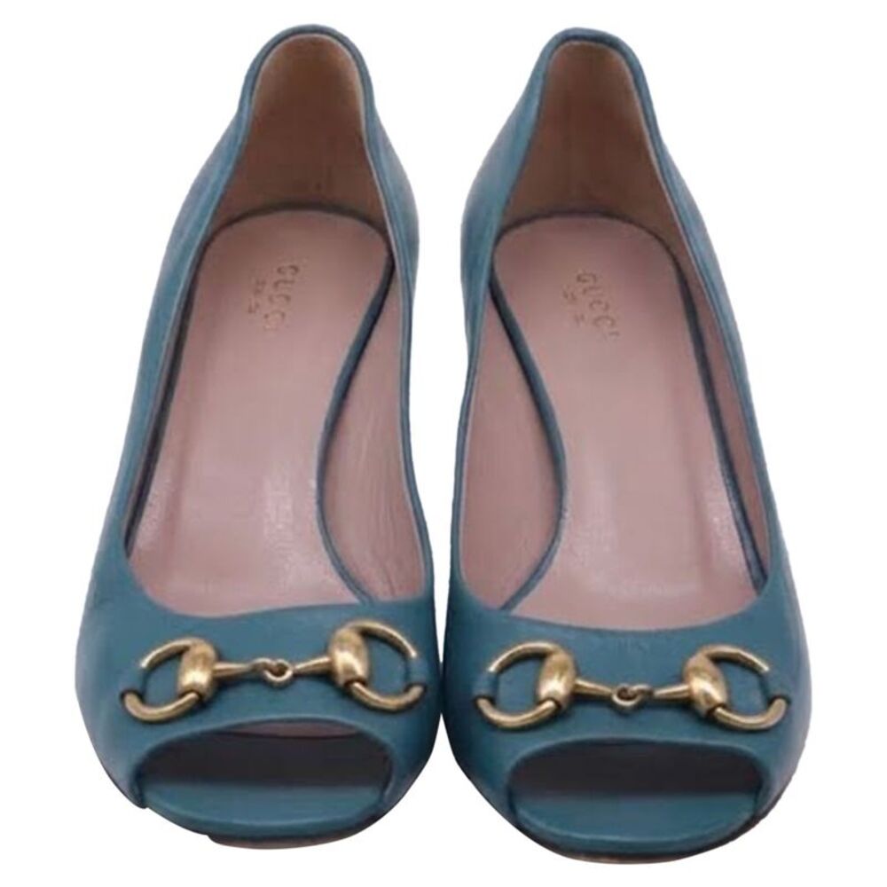 Gucci Horsebit Open-toe Pumps in Teal Leather